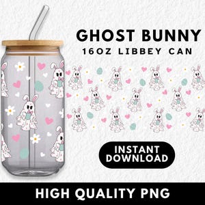 Puede incluir: Un vaso Libbey transparente de 473 ml con tapa de bambú y pajita de cristal, con un diseño de conejos fantasma, corazones rosas y huevos de Pascua azules. El texto dice "Ghost Bunny" y "Instant Download".