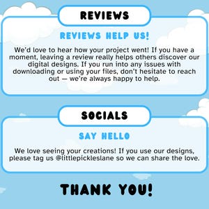May include: A light blue graphic with white clouds and text. The text includes "REVIEWS HELP US!" and "SAY HELLO". The image encourages users to leave reviews and share their creations on social media.