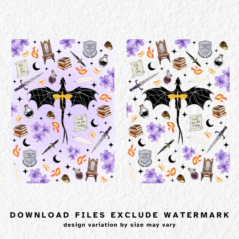 Op de afbeelding: Twee digitale kunstprints met een herhalend patroon van fantasie-elementen. Het ontwerp bevat een zwarte draak, zwaarden, boeken, drankjes, bloemen en de tekst "Fly or Die" en "I will not die Today". De achtergrond is lichtpaars.