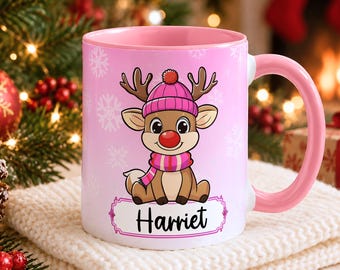 Christmas Pink Reindeer Sublimation Mug Wrap, Kids Custom Name Frame Mugs, Personalise Navidad Girl Design (Digital Download PNG)