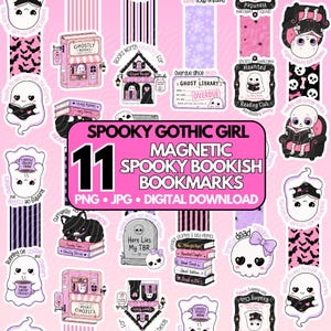 Puede incluir: Una colección de once marcapáginas magnéticos con ilustraciones espeluznantes y góticas que incluyen fantasmas, calaveras, gatos negros y diseños de libros en rosa, negro y blanco. El texto central dice Spooky Gothic Girl 11 Magnetic Spooky Bookish Bookmarks PNG JPG Digital Download.