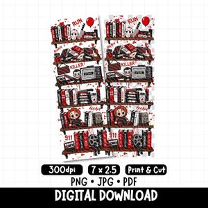 May include: A digital graphic design featuring five stacked shelves filled with horror-themed items including books, a hockey mask, a cleaver, a television displaying NO SIGNAL, a cassette tape, a doll, and film reels, accented with red blood splatters.