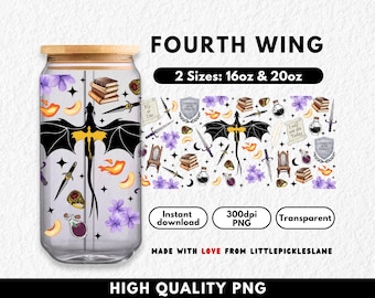 Fourth Wing Tumbler Wrap 16oz 20oz Libbey Glass Can PNG, Bookish Fantasy Book Lover, Cup Sublimation UVDTF Design, Dragon Trending Booktok