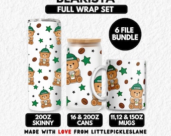 Paquete de envoltorios para vasos de café helado con forma de oso, osos de peluche Barista, lata Libbey, vasos y tazas delgados (sublimación UV DTF, descarga digital PNG)