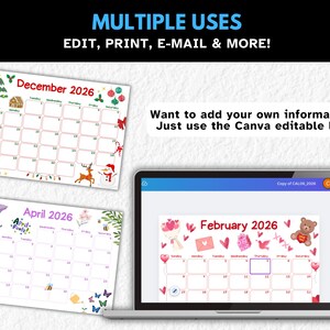 2026 Kalender Druckbare Monatskalender Canva Bearbeitbare Vorlage Schreibtischplaner 26, Familienwand Monatliche Schreibtischpläne Monat Digitaler Download Bild 2