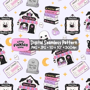 May include: A digital seamless pattern featuring cute ghosts, stacks of books with titles like Midnight Pages and Dead Tired, tombstones labeled Here Lies My TBR, and buildings marked Ghost Reads. Includes yellow stars and crescent moons.