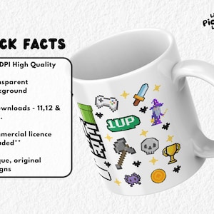 Pixel-style sublimation wrap with retro gaming icons including hearts, swords, crowns, skulls, a controller, wizard, and “GAME OVER” text with a loading bar. Perfect for 11oz, 12oz, and 15oz mugs, this wrap design is ideal for gamers, geek gifts, or kids who love arcade aesthetics. Vibrant 8-bit artwork makes it great for gaming gifts, birthday presents, or novelty mugs for video game fans.