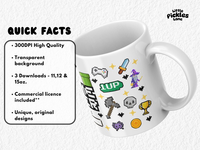 Pixel-style sublimation wrap with retro gaming icons including hearts, swords, crowns, skulls, a controller, wizard, and “GAME OVER” text with a loading bar. Perfect for 11oz, 12oz, and 15oz mugs, this wrap design is ideal for gamers, geek gifts, or kids who love arcade aesthetics. Vibrant 8-bit artwork makes it great for gaming gifts, birthday presents, or novelty mugs for video game fans.
