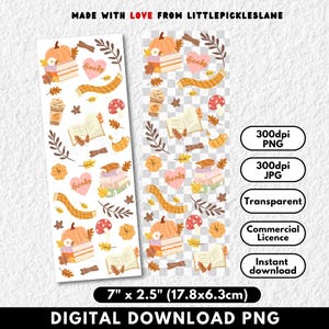 Puede incluir: PNG de descarga digital con ilustraciones de tem&aacute;tica oto&ntilde;al. Incluye calabazas, libros, caf&eacute;, hojas y corazones con la palabra "Books". El dise&ntilde;o mide 17,8 cm x 6,3 cm.