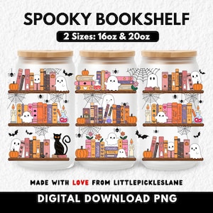 Skräckböcker 16oz Tumbler Wraps, Libbey Glasburk, Spökenbok Sublimering UVDTF Design, Halloween Bokhylla Skräckläsare Digital Nedladdning