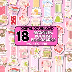 May include: A set of 18 magnetic bookish bookmarks with whimsical designs, featuring animals, books, and quotes such as "I will read it." The digital download includes PNG, JPG, and PDF formats. The bookmarks are predominantly pink, white, and red.