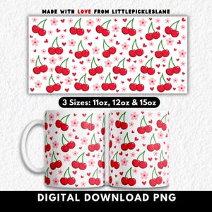 Diseño de corazón de cereza para sublimación (PNG), tazas de café con diseños coquetos, funda para taza de té, cerezas y frutas de verano, descarga digital