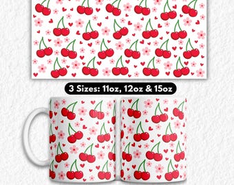 Cherry Heart Mug Wraps Sublimation PNG, Coffee Mugs Coquette Designs, Tea Cup Wrap Around, Cherries Summer Fruits, Digital Download