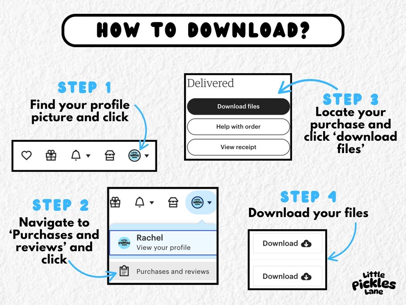 Op de afbeelding: Een stapsgewijze handleiding voor het downloaden van bestanden, met de tekst "HOW TO DOWNLOAD?" bovenaan. De handleiding bevat schermafbeeldingen en instructies voor het vinden van de profielfoto, het navigeren naar aankopen en het downloaden van bestanden.