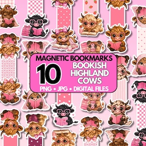 May include: A collection of pink and brown magnetic bookmarks featuring cartoon Highland cows reading books. The image includes the text "MAGNETIC BOOKMARKS, BOOKISH HIGHLAND COWS, 10, PNG, JPG, DIGITAL FILES."