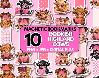 Bookish Magnetic Printable Bookmark, Coquette Highland Cow Printable Designs, Cricut Bookmarks Girlie Girls Bundle Digital Download PNG JPG