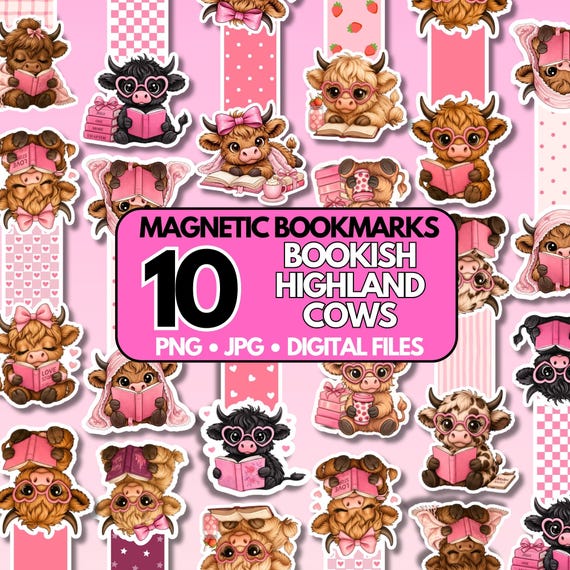 Bookish Magnetic Printable Bookmark, Coquette Highland Cow Printable Designs, Cricut Bookmarks Girlie Girls Bundle Digital Download PNG JPG
