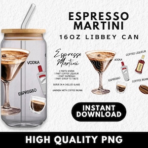 Receita de coquetel de aquarela 16oz lata de vidro embrulhar, clipart de espresso martini, design de sublimação, menu de carrinho de bar bebidas exclusivas para amantes de café