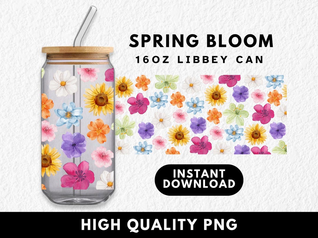 Flowers 16oz Glass Can Tumbler Wrap Png, Floral Libbey Cans, Tumbler ...