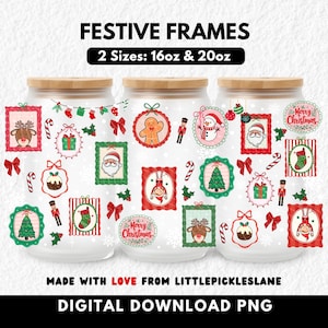 May include: Three glass jars with wooden lids are decorated with festive Christmas-themed frames and ornaments. The text "FESTIVE FRAMES" and "2 Sizes: 16oz & 20oz" are displayed at the top. The bottom of the image reads "MADE WITH LOVE FROM LITTLEPICKLESLANE DIGITAL DOWNLOAD PNG".