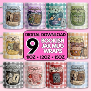 Peut inclure: Neuf motifs de mugs en forme de bocaux sur le thème des livres, avec des designs tels que "Books of the Past" et "Poetry." Les mugs sont disponibles en tailles 11oz, 12oz et 15oz. L'image est un téléchargement numérique avec un fond rose.
