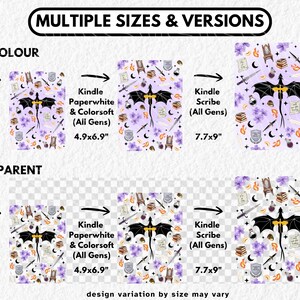 Op de afbeelding: Een ontwerp met een zwarte draak en fantasie-elementen, beschikbaar in meerdere maten voor Kindle-apparaten. De afbeelding bevat de tekst "MULTIPLE SIZES & VERSIONS". De maten worden in inches weergegeven, de grootste is 7,7x9 inch (ongeveer 19,5 x 22,9 cm).