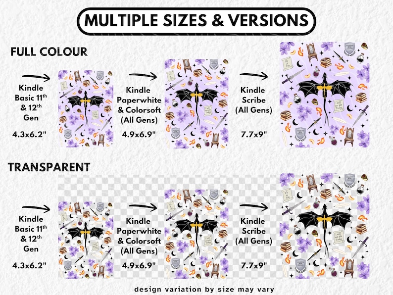 Op de afbeelding: Een ontwerp met een zwarte draak en fantasie-elementen, beschikbaar in meerdere maten voor Kindle-apparaten. De afbeelding bevat de tekst "MULTIPLE SIZES & VERSIONS". De maten worden in inches weergegeven, de grootste is 7,7x9 inch (ongeveer 19,5 x 22,9 cm).