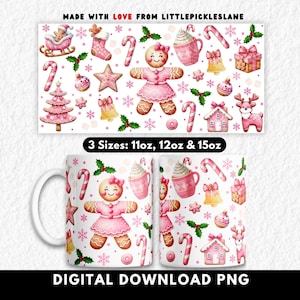 Puede incluir: Una taza de cerámica blanca con un diseño navideño festivo. El diseño incluye hombrecitos de jengibre, bastones de caramelo y adornos navideños rosas. La taza está disponible en 3 tamaños. También se ve el texto "DIGITAL DOWNLOAD PNG".