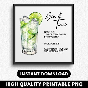 Aquarell Cocktail-Rezept Bar Warenkorb-Menü, Signature-Cocktails, Hochzeit Getränkeschild, Alkohol Clipart, Wandkunst Getränke, Gin und Tonic PNG