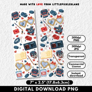 May include: Digital download PNG featuring hockey-themed stickers. The stickers include hockey jerseys, skates, pucks, and heart-shaped lockets. The text "MADE WITH LOVE FROM LITTLEPICKLESLANE" and "7" x 2.5" (17.8x6.3cm)" are visible.