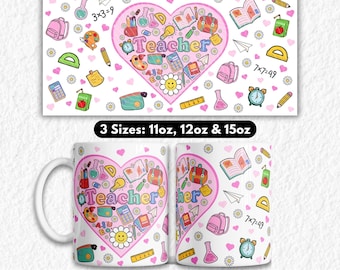 May include: A white ceramic mug featuring a large pink heart containing the word Teacher surrounded by colorful school supplies like calculators, books, and pencils. The background is decorated with small hearts, daisies, and math equations.