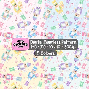 May include: A digital seamless pattern featuring nutcracker figures, lollipops, and heart shapes in pastel colors. The text reads Little Pickles Lane Digital Seamless Pattern PNG JPG 10 x 10 300dpi 5 Colours. The design includes various nutcracker outfits.