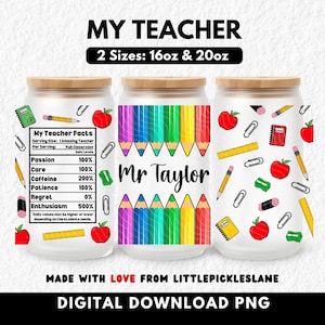 Back-to-school themed digital PNG design wrap for 16oz Libbey glass cans, featuring colorful rainbow pencils, apples, rulers, sharpeners, erasers, notebooks, and paperclips. Ideal for sublimation printing or UV DTF and DTF transfers. A bright and fun gift for teachers, students, or classroom decor. Perfect for creating unique teacher appreciation tumblers or educational accessories with a cheerful school supply theme.