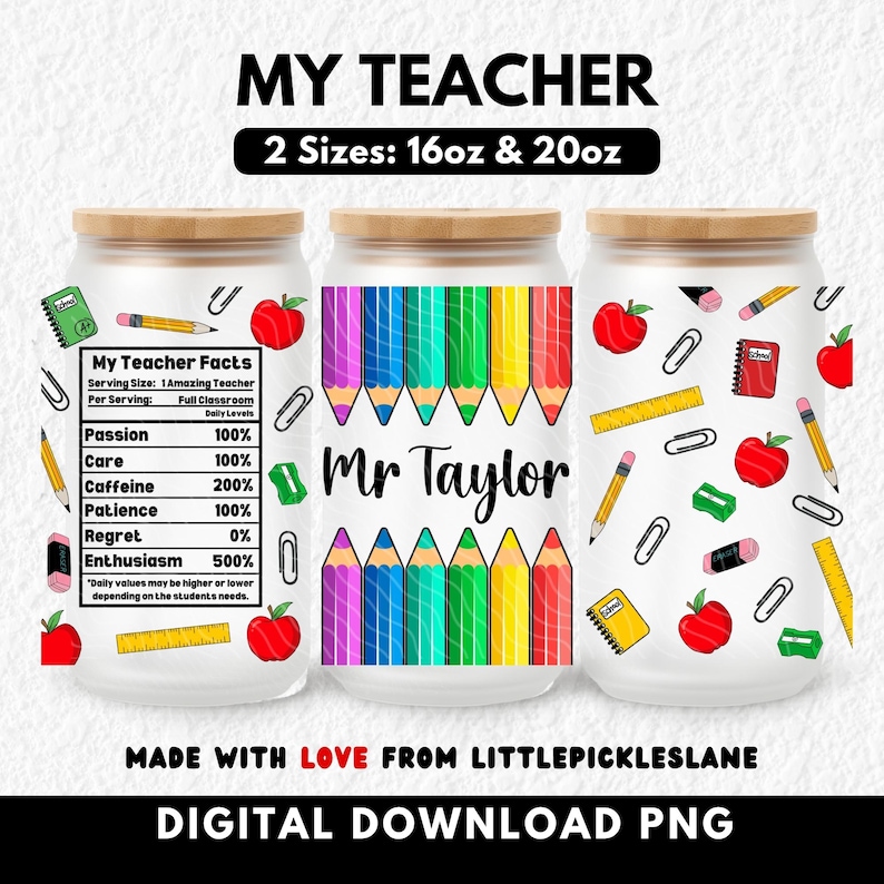 Back-to-school themed digital PNG design wrap for 16oz Libbey glass cans, featuring colorful rainbow pencils, apples, rulers, sharpeners, erasers, notebooks, and paperclips. Ideal for sublimation printing or UV DTF and DTF transfers. A bright and fun gift for teachers, students, or classroom decor. Perfect for creating unique teacher appreciation tumblers or educational accessories with a cheerful school supply theme.