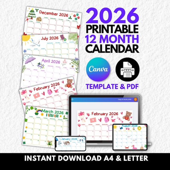 2026 Calendar Printable Monthly Calendars Canva Editable Template Desk Planners 26,  Family Wall Monthly Desk Plans Month Digital Download
