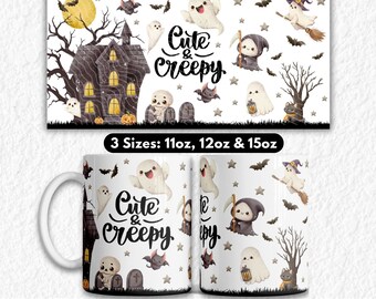 Spooky Ghost Mug Wrap PNG: Halloween Coffee Cup Design (Digital Download 11-15oz)