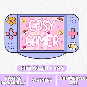 May include: A purple and pink cartoon illustration of a video game console with the text "COSY GAMER" on the screen. The console is decorated with hearts, stars, rainbows, and smiley faces.