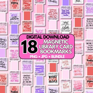 Peut inclure: Téléchargement numérique de 18 marque-pages magnétiques en forme de cartes de bibliothèque. Les marque-pages présentent diverses citations et phrases liées aux livres dans un mélange de rose, de rouge et de violet. Les mots "Téléchargement numérique" et "Bundle" sont également visibles.