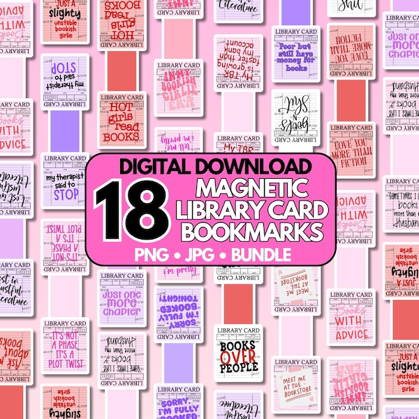 Marcadores de livros magnéticos imprimíveis com citações, design de cartões de biblioteca com citações literárias, pacote de marcadores de livros para Cricut para download digital em PNG e JPG.
