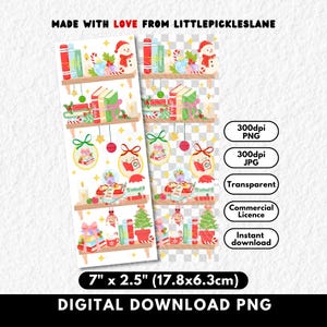 May include: Digital PNG file featuring a Christmas-themed bookshelf design. The design includes shelves with books, gifts, snowmen, and ornaments. The image is 7" x 2.5" (17.8x6.3cm) and includes the text "MADE WITH LOVE FROM LITTLEPICKLESLANE".