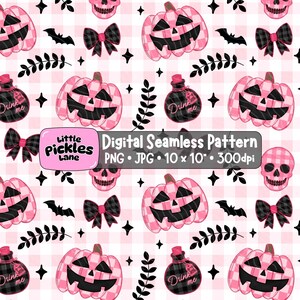 May include: A digital seamless pattern featuring pink and white checkered pumpkins, black skulls, black bows, black bats, black leafy branches, and black potion bottles with the text Drink me. A label reads Little Pickles Lane Digital Seamless Pattern PNG JPG 10 x 10 300dpi.