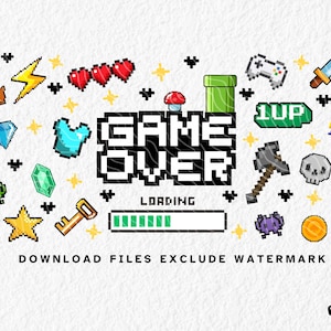 Pixel-style sublimation wrap with retro gaming icons including hearts, swords, crowns, skulls, a controller, wizard, and “GAME OVER” text with a loading bar. Perfect for 11oz, 12oz, and 15oz mugs, this wrap design is ideal for gamers, geek gifts, or kids who love arcade aesthetics. Vibrant 8-bit artwork makes it great for gaming gifts, birthday presents, or novelty mugs for video game fans.