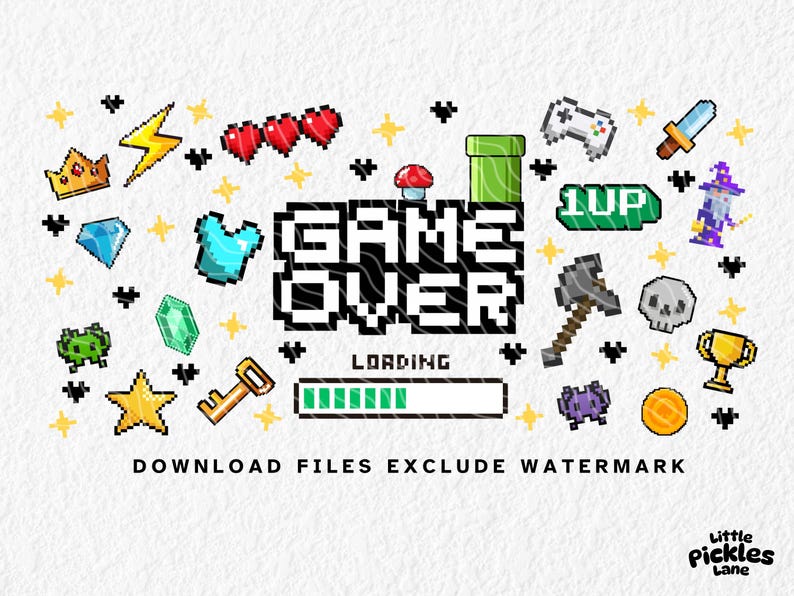 Pixel-style sublimation wrap with retro gaming icons including hearts, swords, crowns, skulls, a controller, wizard, and “GAME OVER” text with a loading bar. Perfect for 11oz, 12oz, and 15oz mugs, this wrap design is ideal for gamers, geek gifts, or kids who love arcade aesthetics. Vibrant 8-bit artwork makes it great for gaming gifts, birthday presents, or novelty mugs for video game fans.