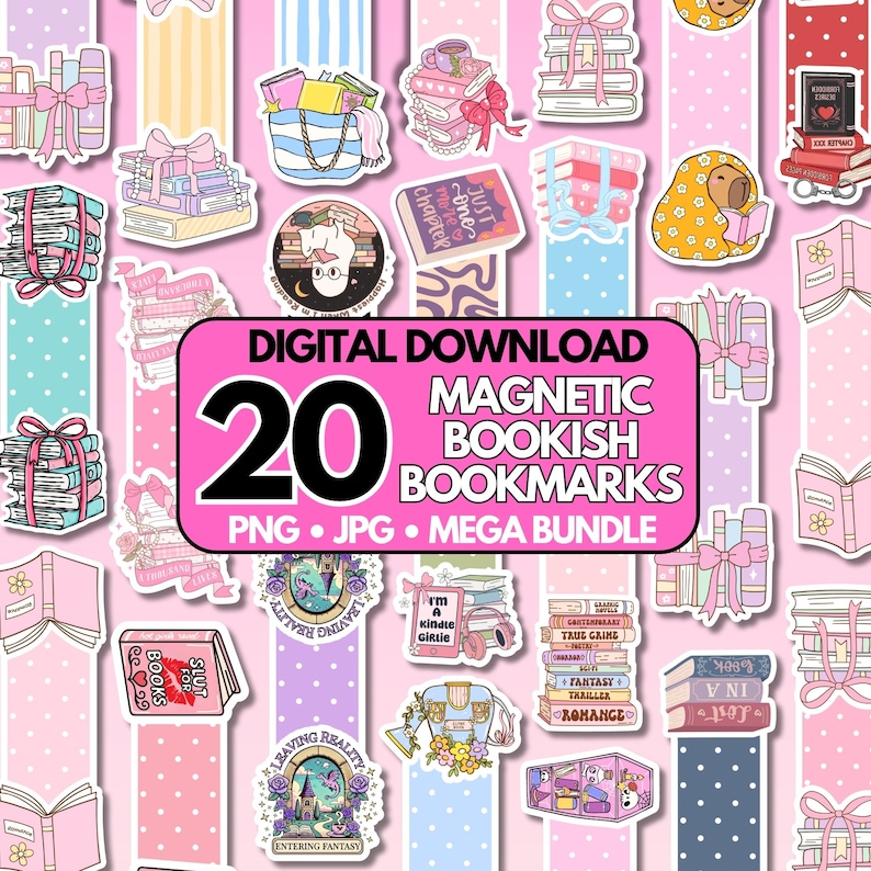 May include: A digital download of 20 magnetic bookish bookmarks. The bookmarks feature illustrations of books, bows, and whimsical designs in shades of pink, blue, and purple. The image text reads "DIGITAL DOWNLOAD 20 MAGNETIC BOOKISH BOOKMARKS".