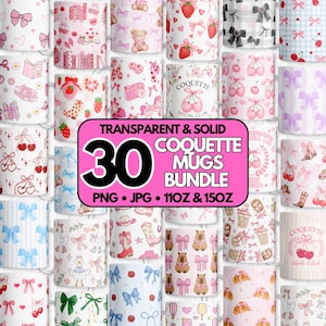 Puede incluir: Un conjunto de 30 tazas decorativas con varios diseños, incluyendo lazos, cerezas y ositos de peluche. Las tazas son en tonos rosa, blanco y azul. La imagen incluye el texto "Transparent & Solid 30 Coquette Mugs Bundle PNG JPG 11oz & 15oz."