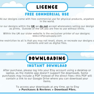 Op de afbeelding: Informatieve afbeelding met tekst over licenties en het downloaden van digitale ontwerpen. De bovenste sectie, "LICENTIE", beschrijft gratis commercieel gebruik voor fysieke producten. De onderste sectie, "DOWNLOADEN", legt de instructies voor direct downloaden uit.
