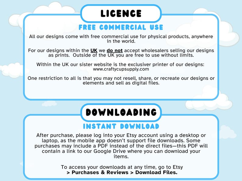 Op de afbeelding: Informatieve afbeelding met tekst over licenties en het downloaden van digitale ontwerpen. De bovenste sectie, "LICENTIE", beschrijft gratis commercieel gebruik voor fysieke producten. De onderste sectie, "DOWNLOADEN", legt de instructies voor direct downloaden uit.