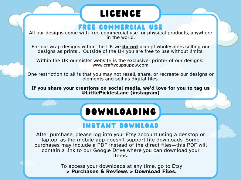 May include: A blue and white graphic with text about commercial use licensing and instant download instructions. The text includes information about free commercial use, restrictions, and how to download files from Etsy.