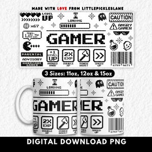 May include: White ceramic gamer mug with a black pixelated design. The mug features the word "GAMER" in large letters, along with gaming icons and text. The mug is available in 11oz, 12oz, and 15oz sizes.