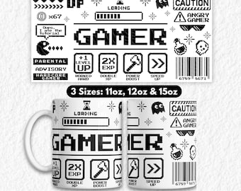 Gamer Mug Wrap sublimation PNG, jeux vidéo d'arcade rétro tasses à café tasses, cadeau de jeu, téléchargement numérique